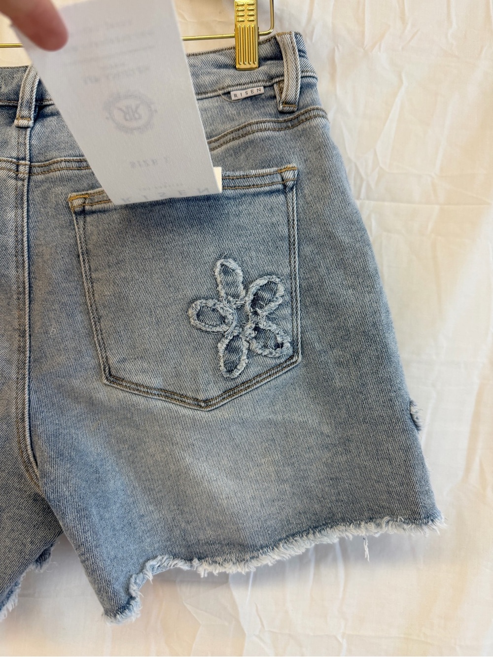 Risen Light Blue Embroidered Floral Frayed Hem Denim Shorts - Picture 5 of 5
